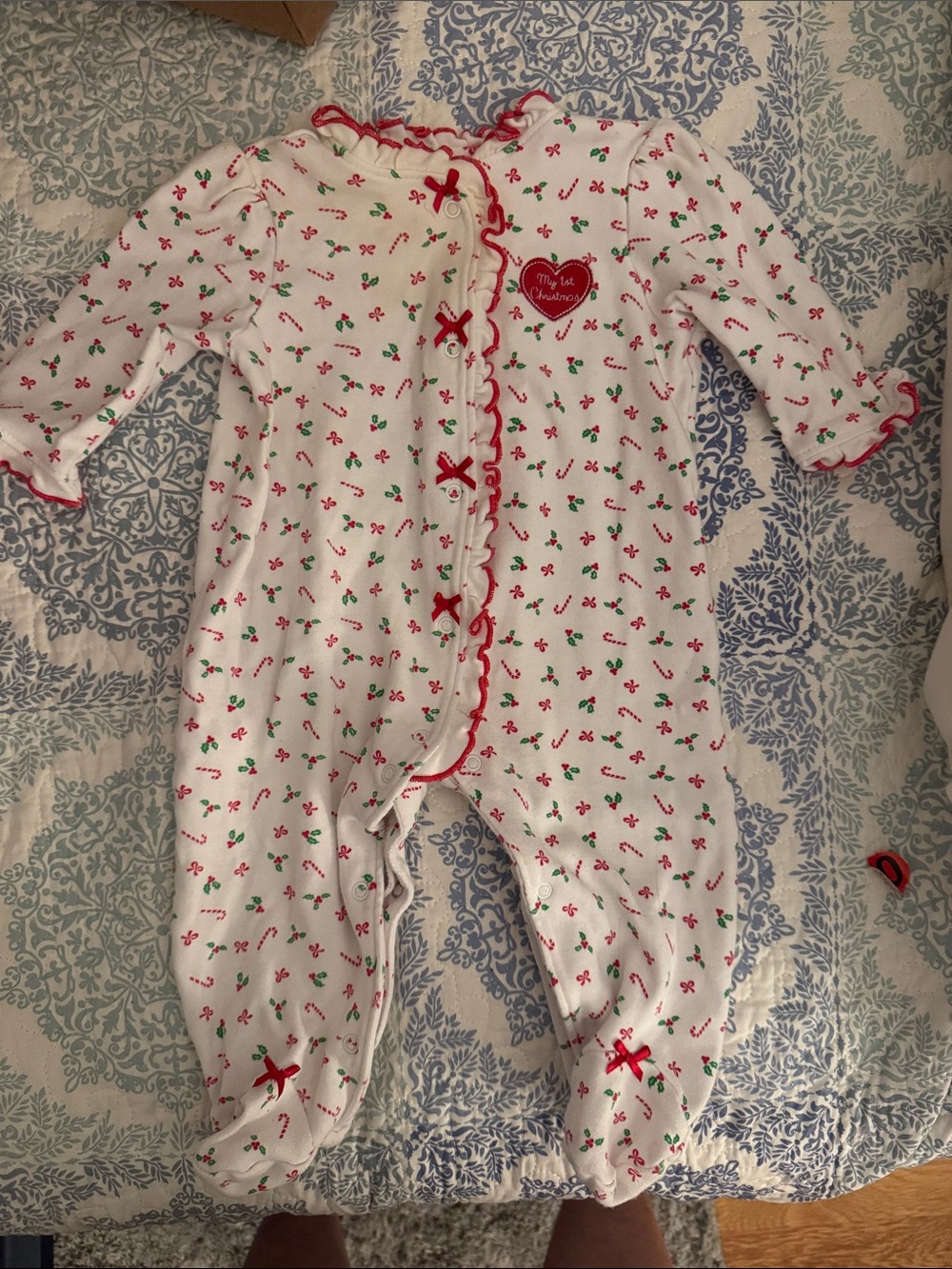 Little Me White Cherry-Print Footie with Red Trim